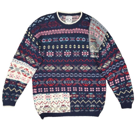 Ninon de Lenclos Handknit 100% Wool Sweater M Fair Isle Patchwork Nordic Cottage - Picture 1 of 11